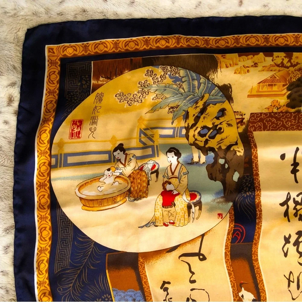 Vintage Chinese Japanese Silk Wrap Scarf Shawl - 40” Gold Blue Red Cream Brown
